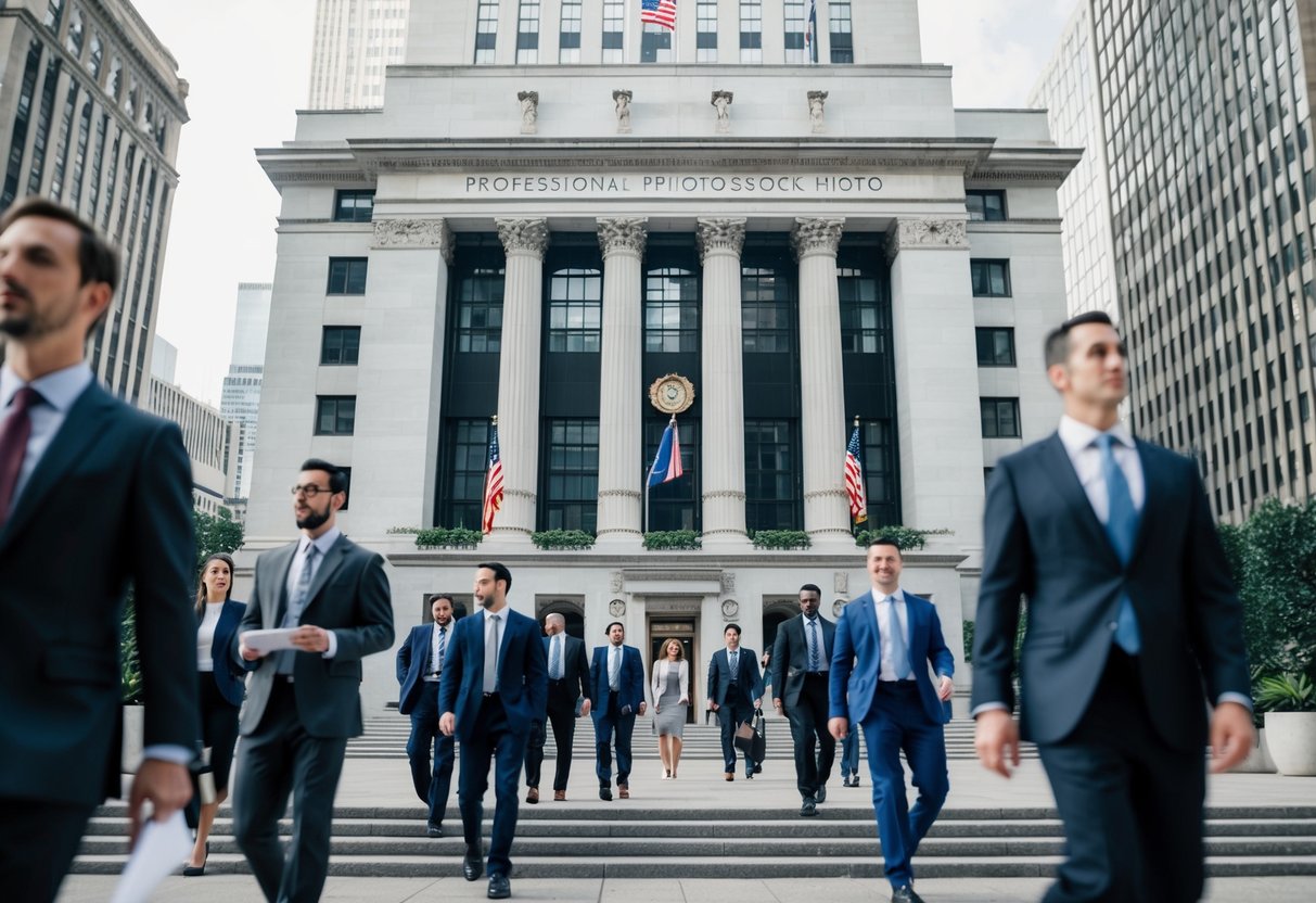 A grand office building with a prominent sign, surrounded by bustling professionals and adorned with symbols of success and recognition