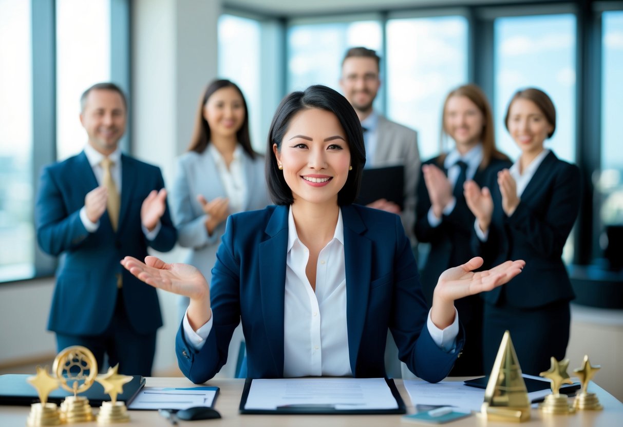 A person in a professional setting, receiving recognition and accolades for their work, with symbols of success and achievement surrounding them