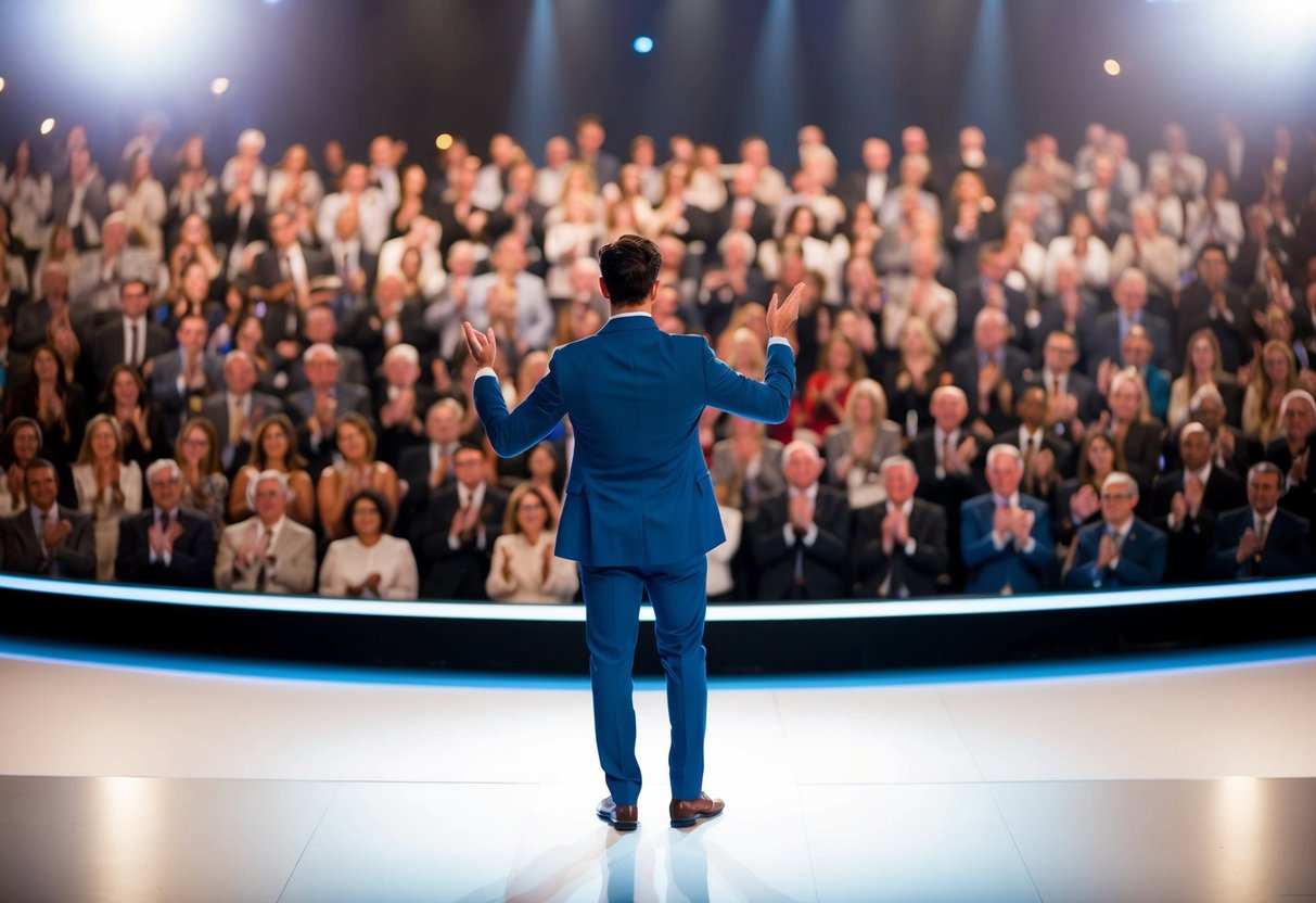 A person standing on a stage in front of a large audience, receiving applause and recognition for their professional achievements