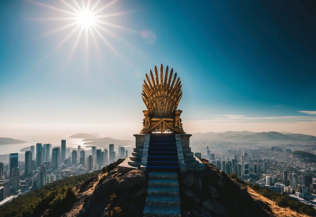 A grand, regal throne sits atop a mountain, overlooking a bustling city. The sun shines brightly, casting a powerful and authoritative shadow