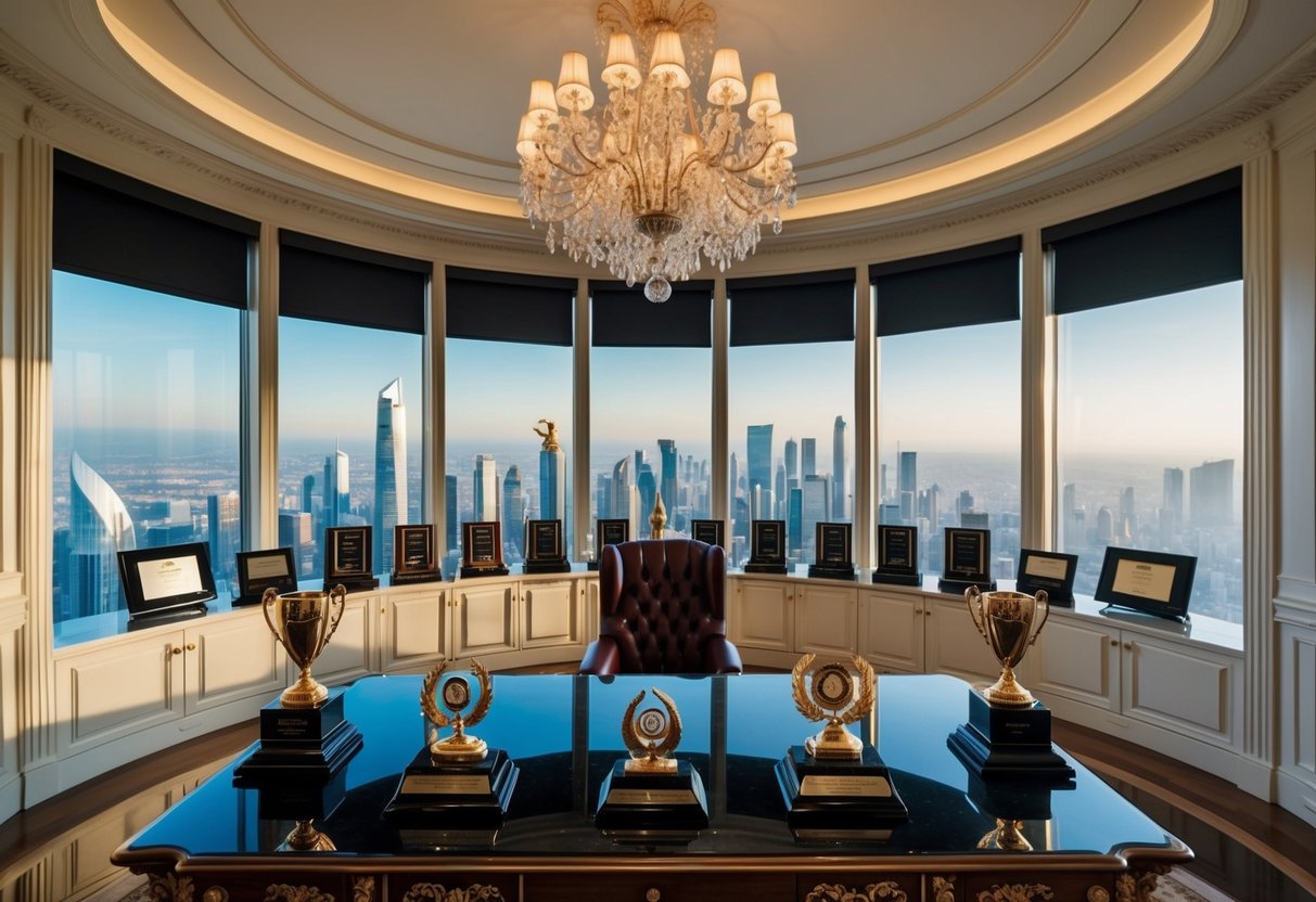 A grand, opulent office with a panoramic view of the city skyline, adorned with prestigious awards and accolades, symbolizing career success and social status