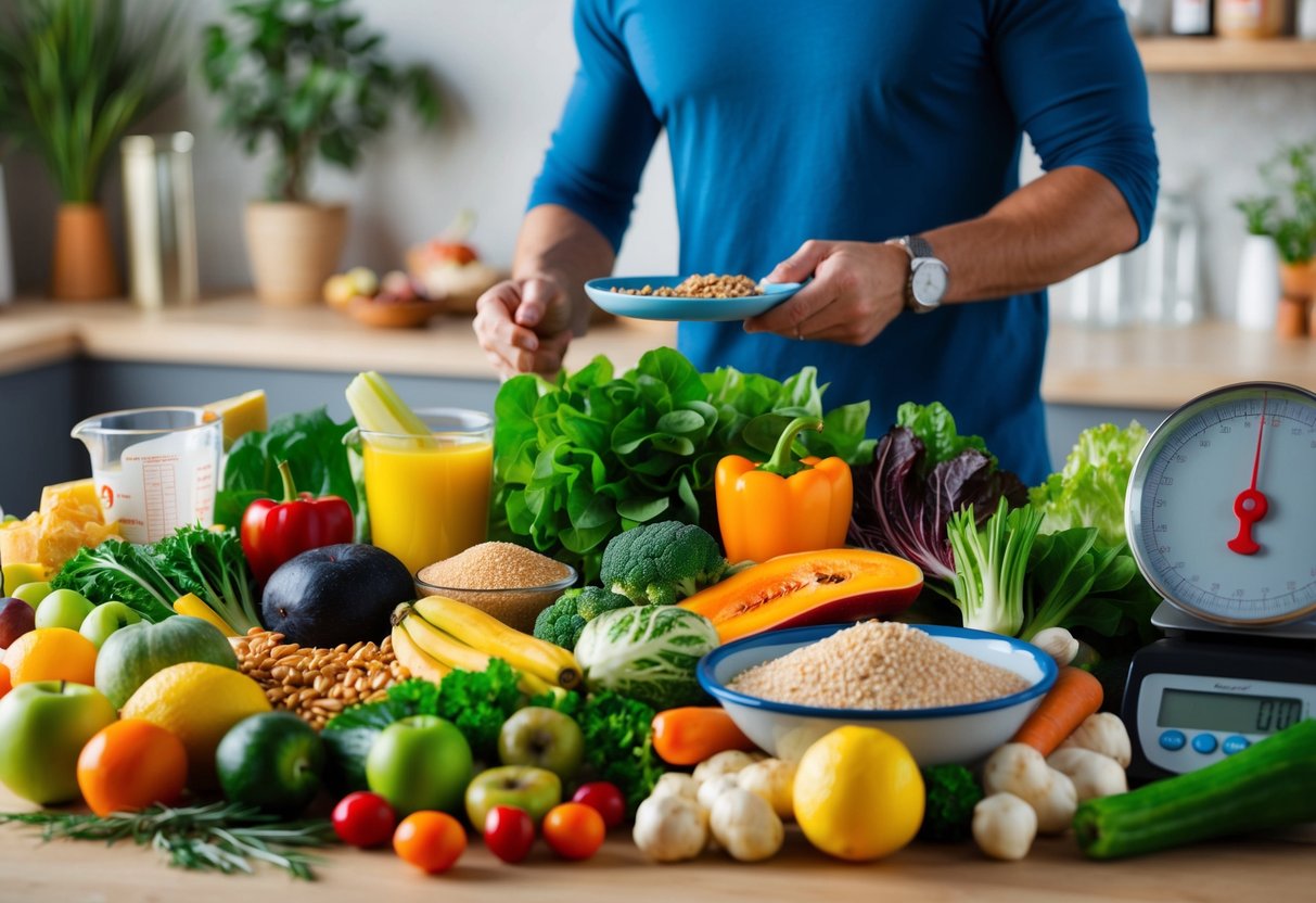Un tavolo pieno di una varietà di frutta, verdura, cereali e proteine magre, con tazze dosatrici e una bilancia per alimenti nelle vicinanze