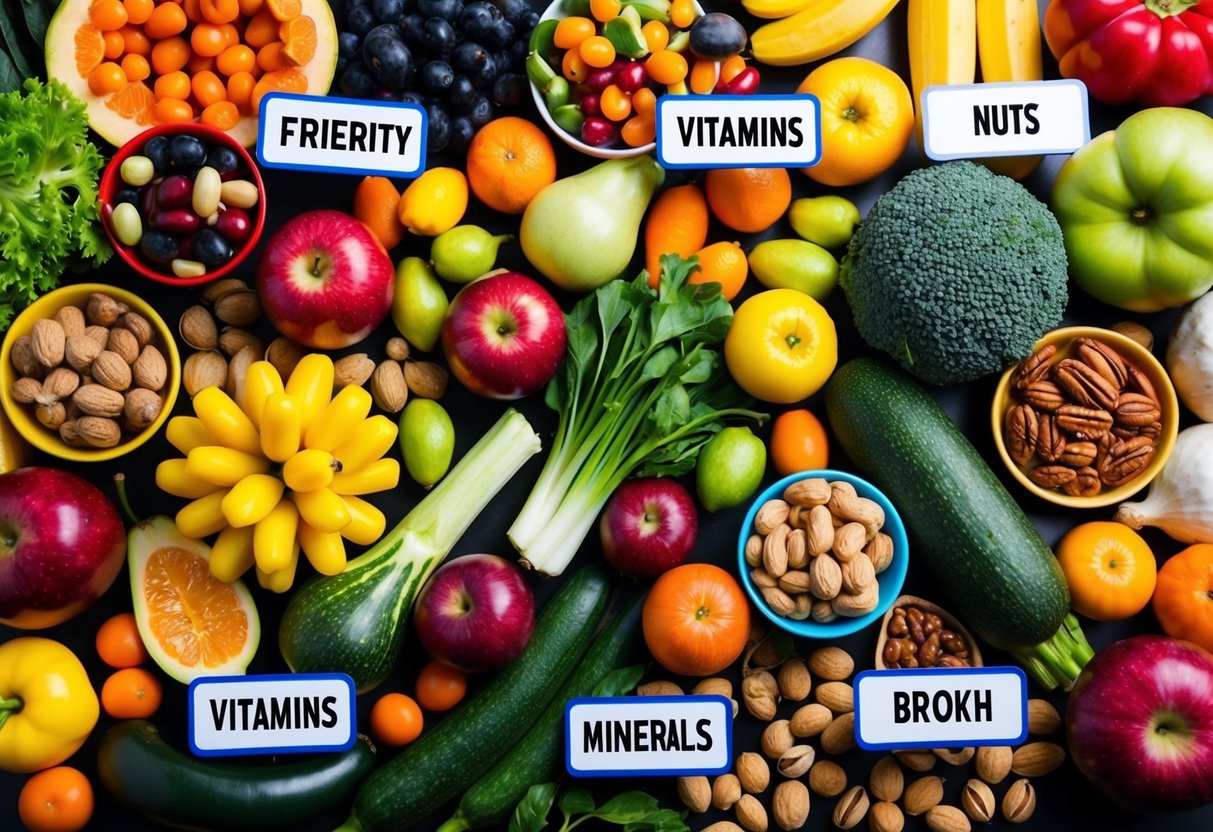 Una varietà colorata di frutta, verdura e noci disposte su un tavolo, con una varietà di vitamine e minerali etichettati in colori vivaci e audaci.