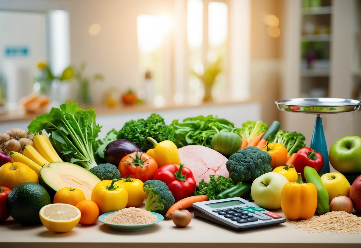 Un tavolo pieno di una varietà di frutta fresca, verdura, proteine magre e cereali integrali, con una bilancia e una calcolatrice nelle vicinanze