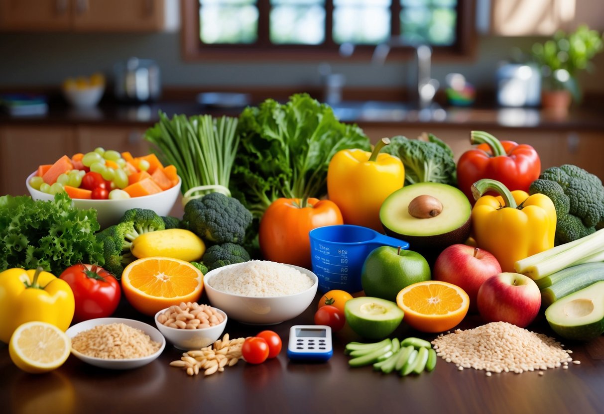 Un assortimento colorato di cibi sani disposti su un tavolo, inclusi frutta, verdura, proteine magre e cereali integrali. Sono presenti anche un misurino e un contacalorie.