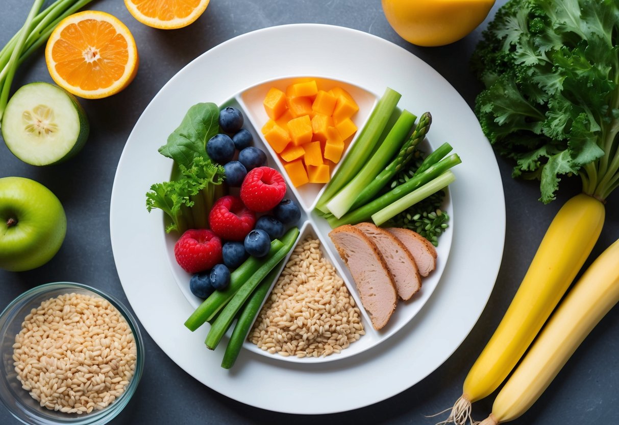 Un piatto di pasto equilibrato con una varietà di cibi sani: frutta, verdura, proteine magre e cereali integrali