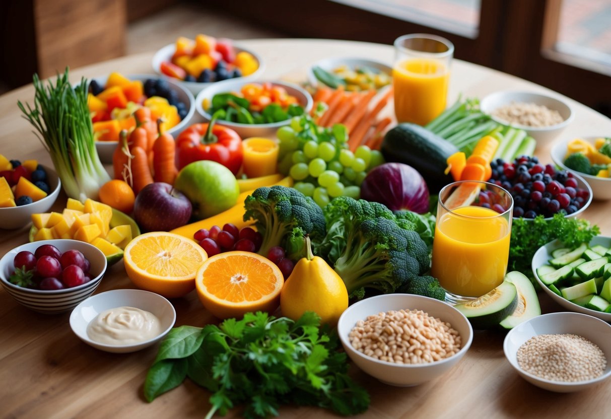 Una tavola splendidamente apparecchiata con una varietà di cibi colorati e sani, tra cui frutta, verdura, proteine magre e cereali integrali.