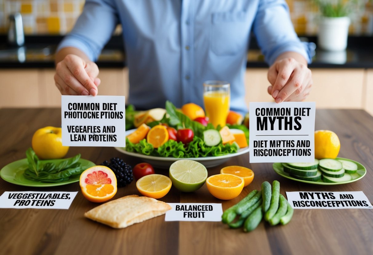 Una tavola con un pasto equilibrato, inclusi frutta, verdura e proteine magre, circondata da miti e idee sbagliate comuni sulla dieta