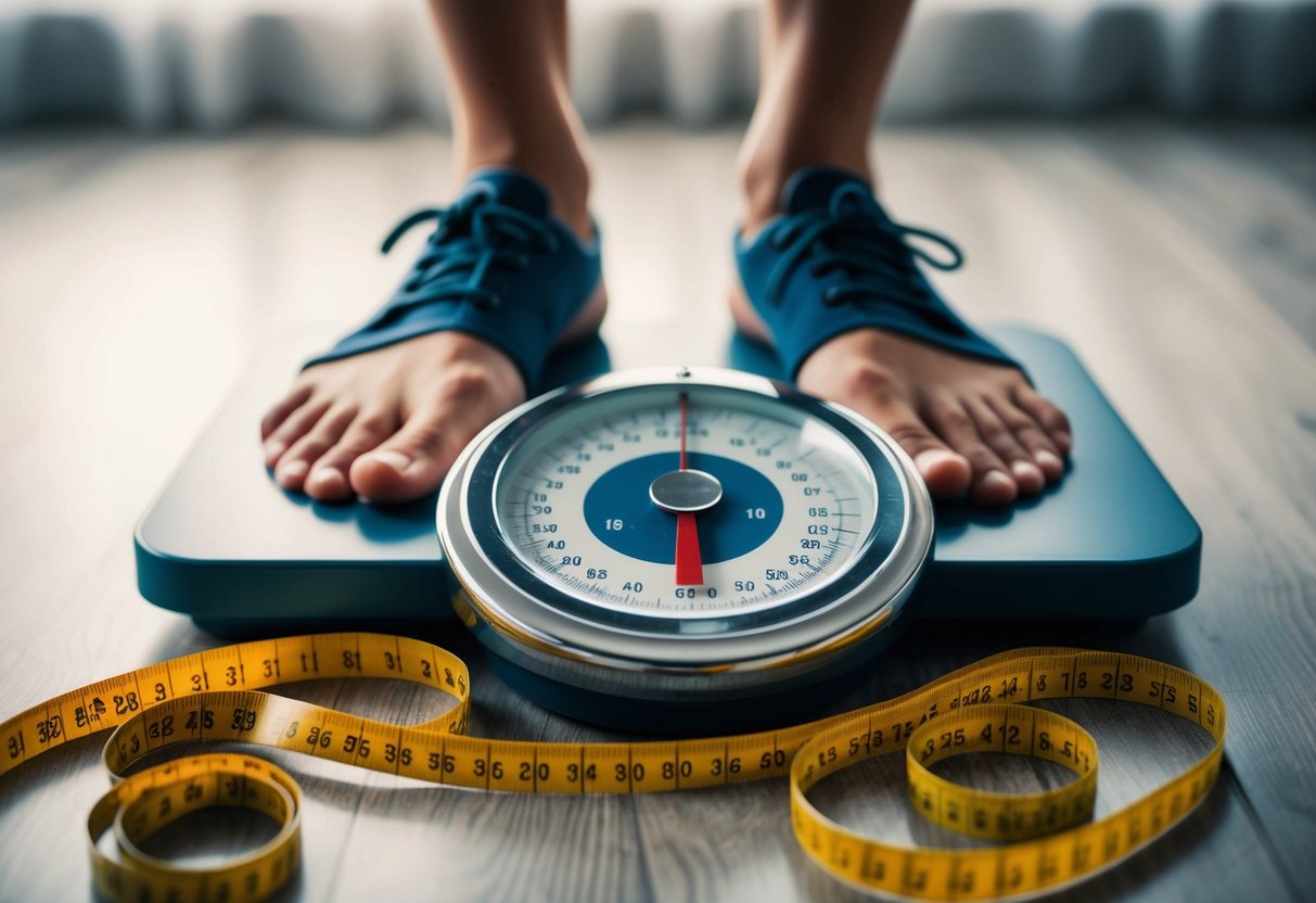 Dieta per dimagrire Monitoraggio dei progressi Valutazione della composizione corporea: Strumenti e tecniche efficaci per il 2024 10 Una bilancia per pesare una persona circondata da un nastro di misurazione e un grafico che mostra i progressi
