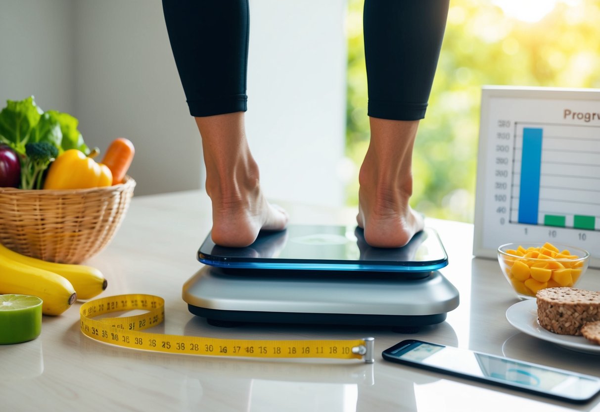 Dieta per dimagrire Monitoraggio dei progressi Valutazione della composizione corporea: Strumenti e tecniche efficaci per il 2024 11 Una persona che si pesa su una bilancia digitale, con un metro a nastro e alimenti sani nelle vicinanze, mentre un grafico mostra i progressi.