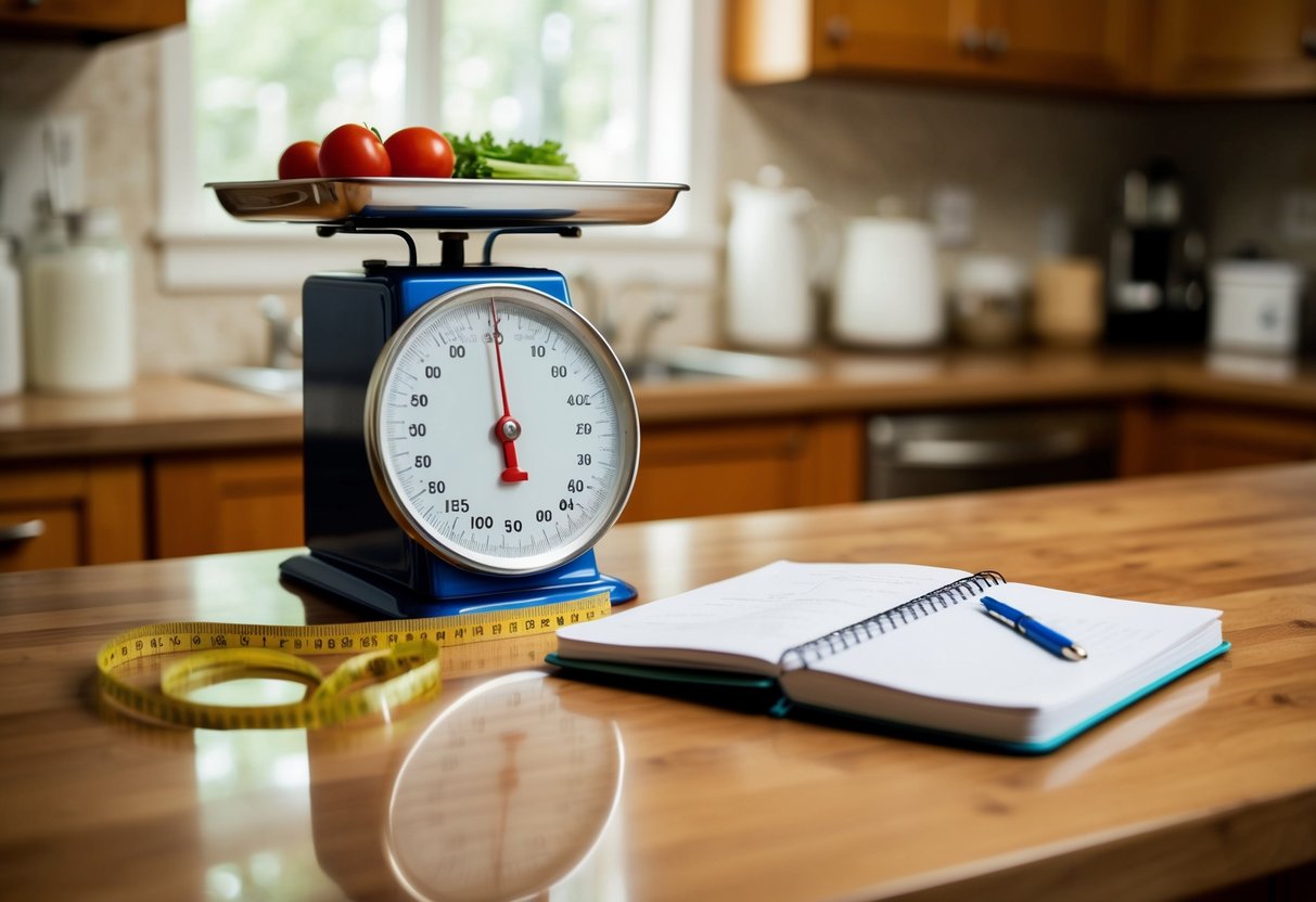 Dieta per dimagrire Monitoraggio dei progressi Valutazione della composizione corporea: Strumenti e tecniche efficaci per il 2024 12 Un piano di lavoro in cucina con una bilancia, un metro a nastro e un quaderno per il piano dei pasti