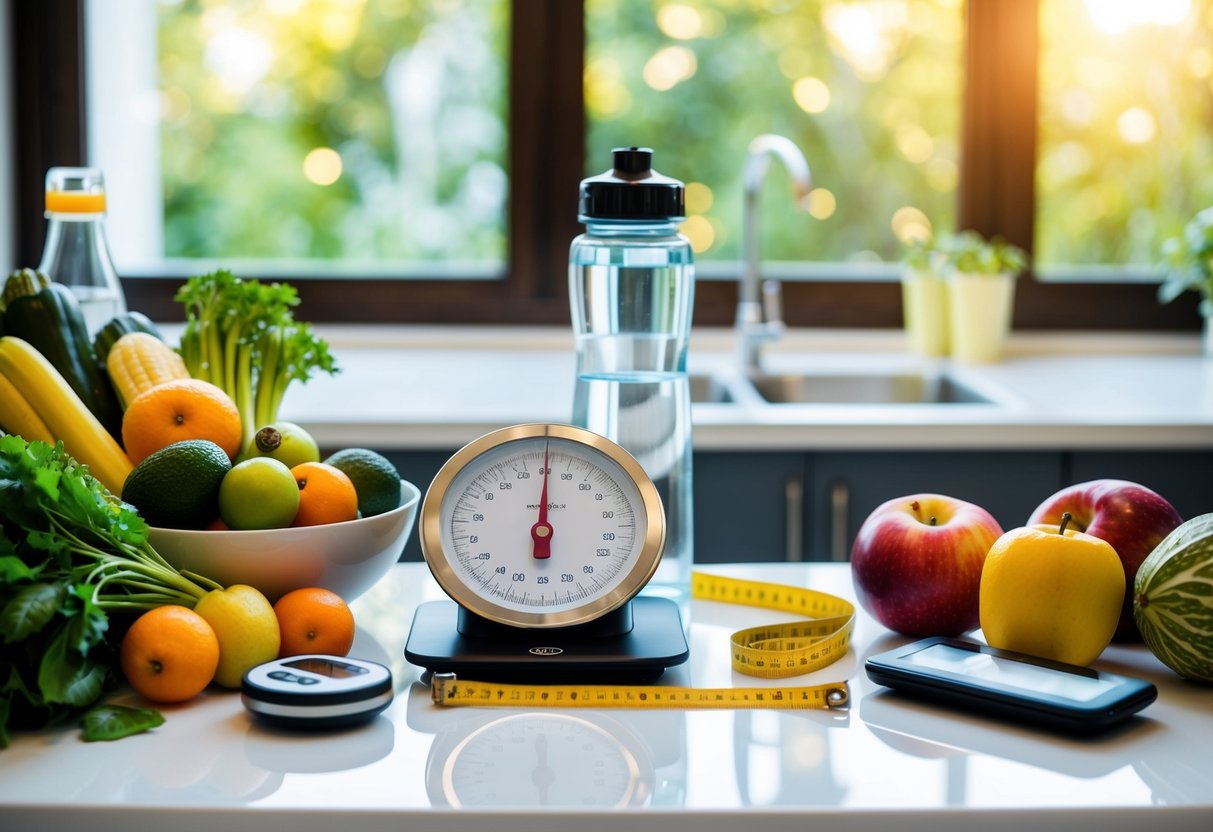 Dieta per dimagrire Monitoraggio dei progressi Valutazione della composizione corporea: Strumenti e tecniche efficaci per il 2024 13 Una bilancia da cucina circondata da frutta e verdura fresche, una bottiglia d'acqua e un fitness tracker su un tavolo accanto a un metro da sarta e a un monitor della composizione corporea.