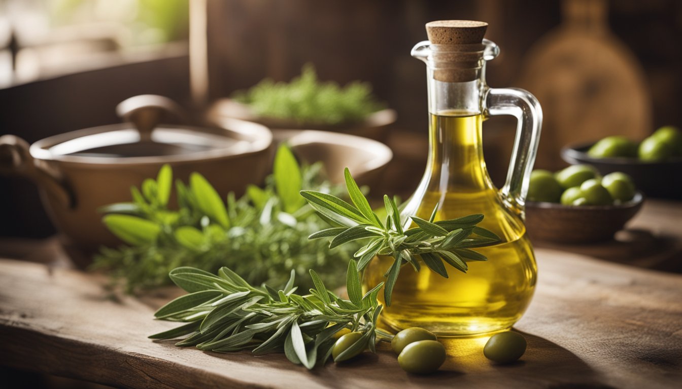 Fresh herbs and herb-infused olive oil in a rustic kitchen, promoting a healthy alternative to salt