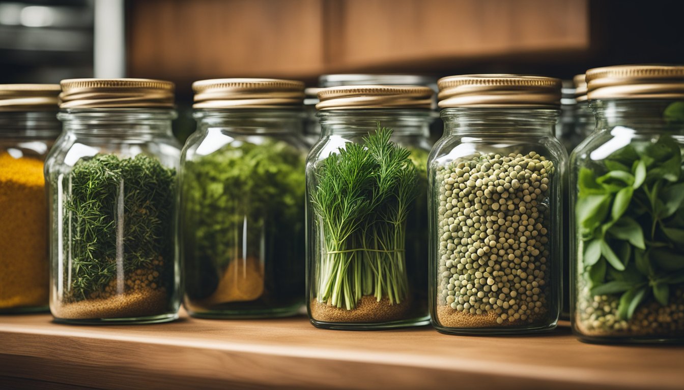 A well-organized spice rack showcases jars of dill, sage, and cilantro, highlighting the variety of herbs available for flavor and health in cooking