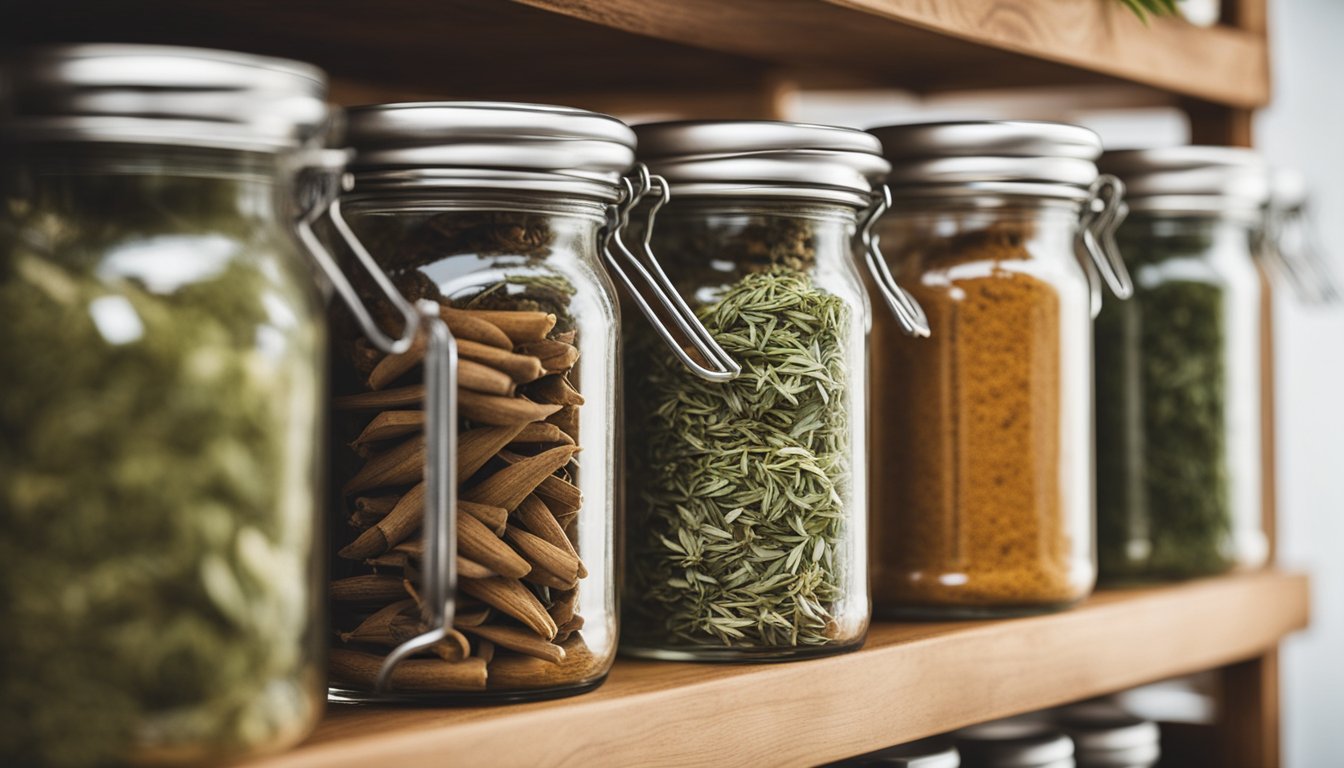 A well-organized spice rack showcases a variety of dried herbs, including dill, sage, and cilantro, inviting the viewer to explore the world of flavors and health benefits in cooking