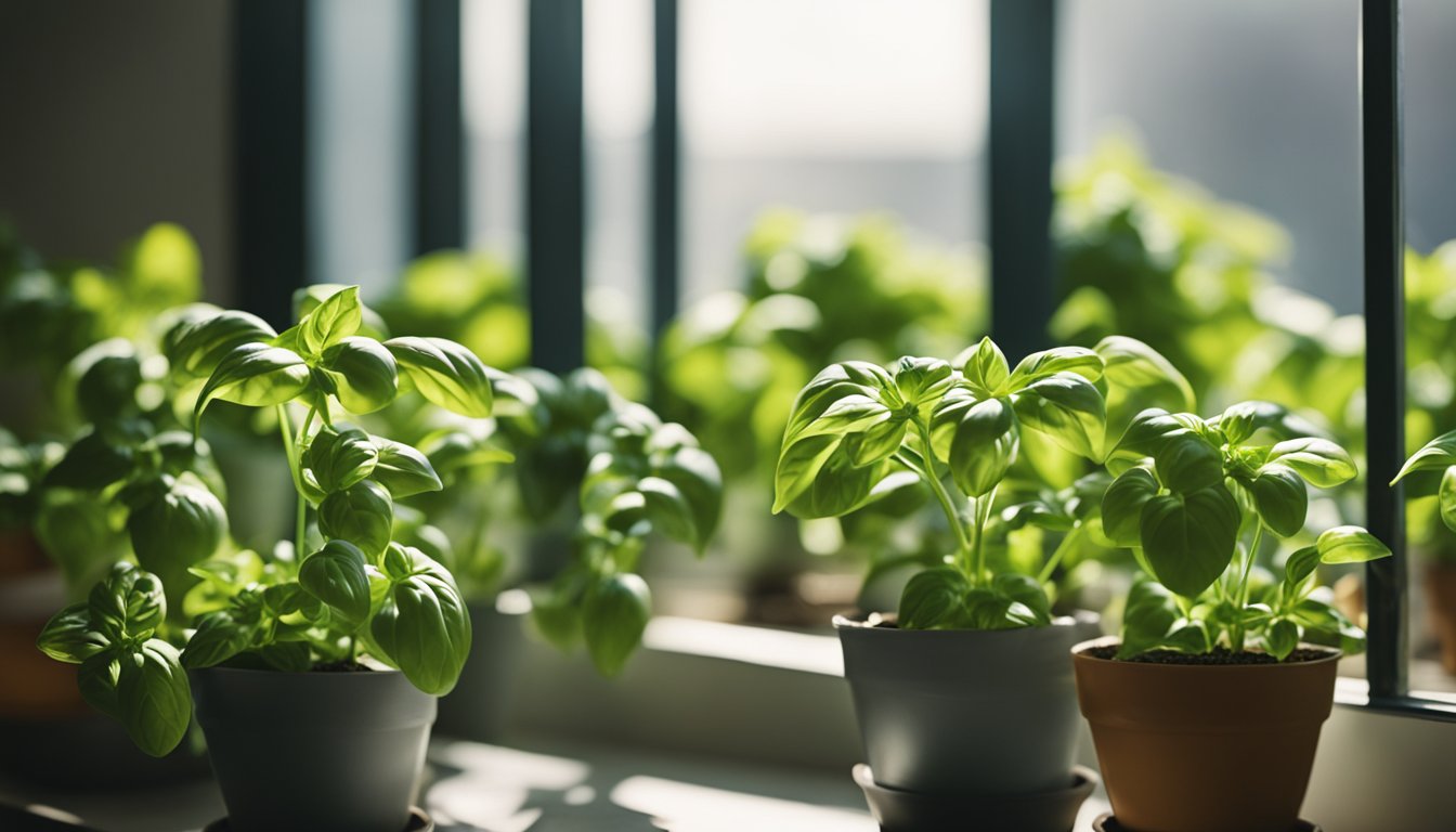 A healthy basil plant thrives in a pot on a sunlit windowsill, its fragrant leaves serving as a natural insect repellent