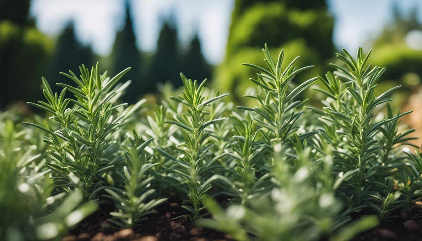 Thriving rosemary plants fill a lush garden bed, their aromatic leaves and bug-repelling ability emphasized