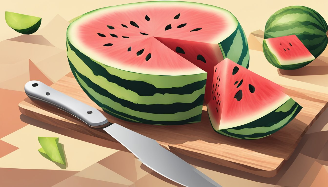 A watermelon being sliced into geometric shapes on a cutting board