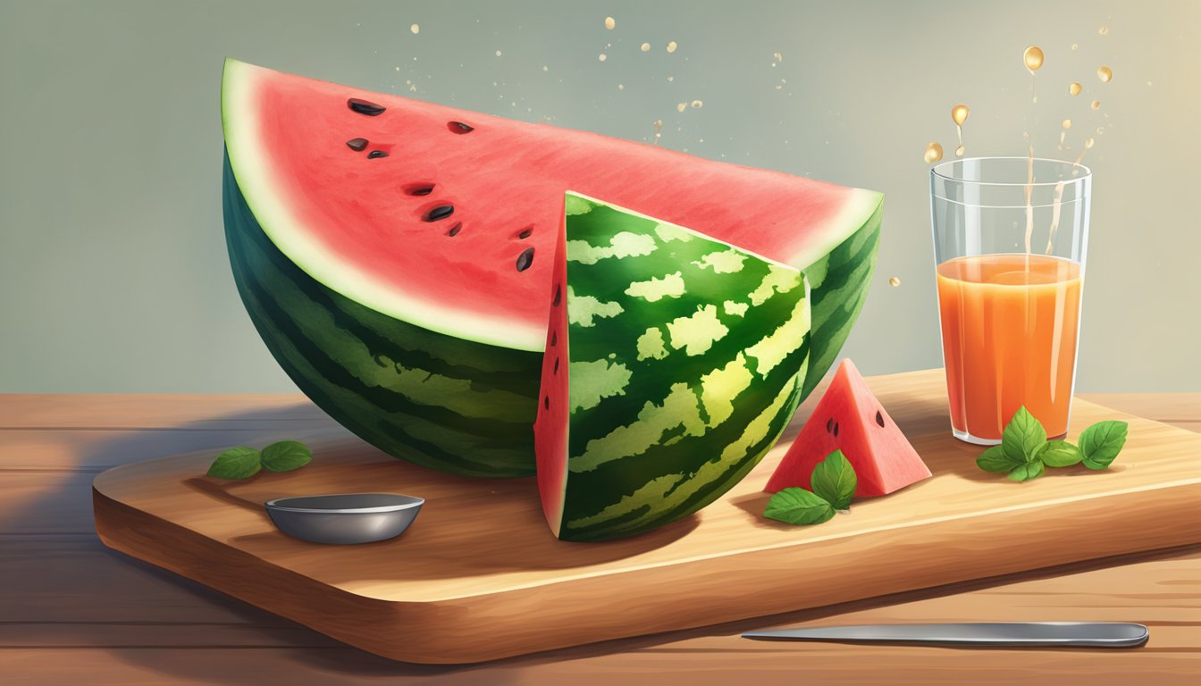 A watermelon being cut into perfect cubes on a wooden cutting board, with juice dripping onto the surface