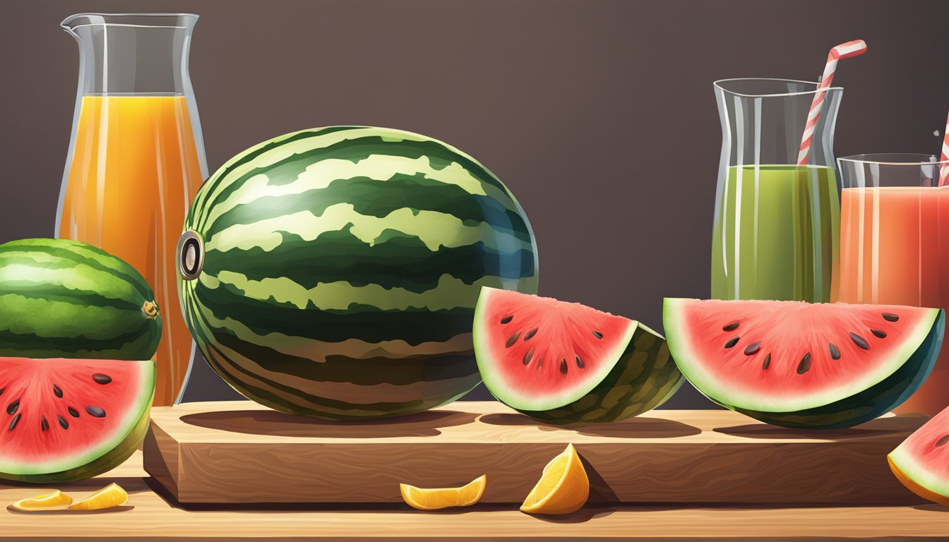 A watermelon being sliced into wedges on a wooden cutting board, with juice dripping onto the surface