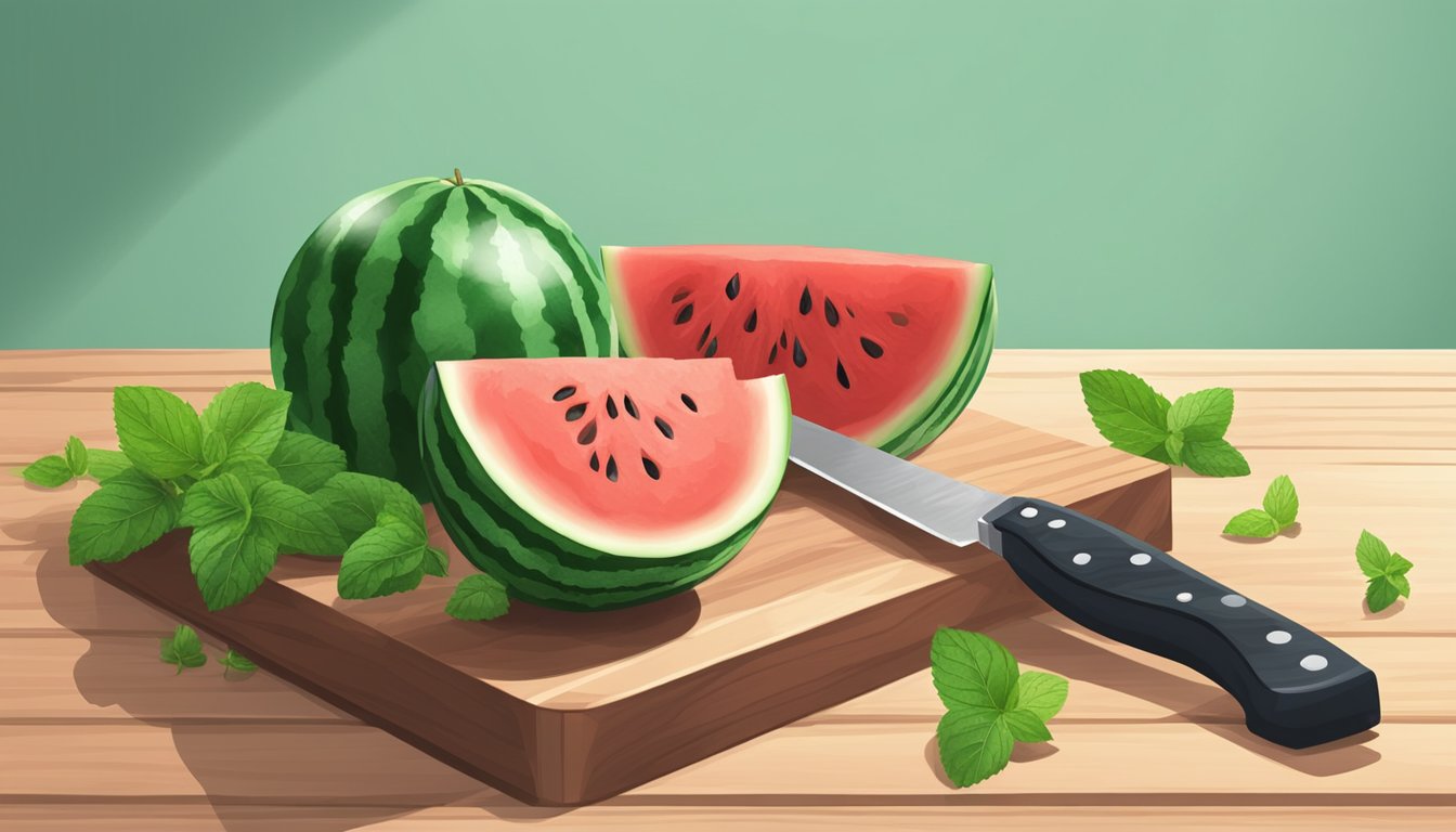 A watermelon being cut into cubes on a wooden cutting board, with a knife and scattered mint leaves nearby