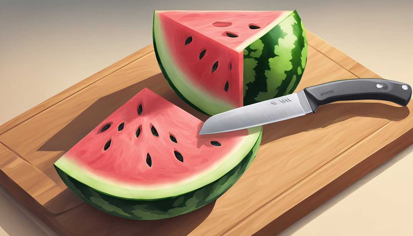 A watermelon on a cutting board, knife slicing into it, creating triangle-shaped slices