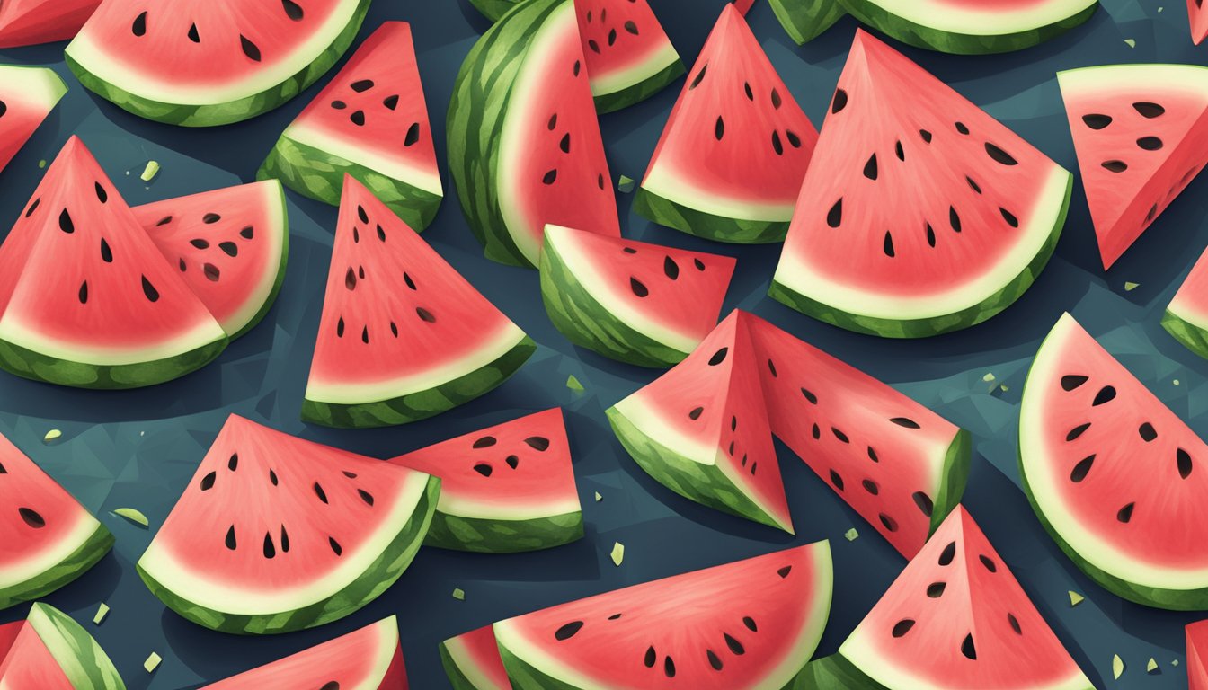 A watermelon being sliced into triangle pieces on a cutting board