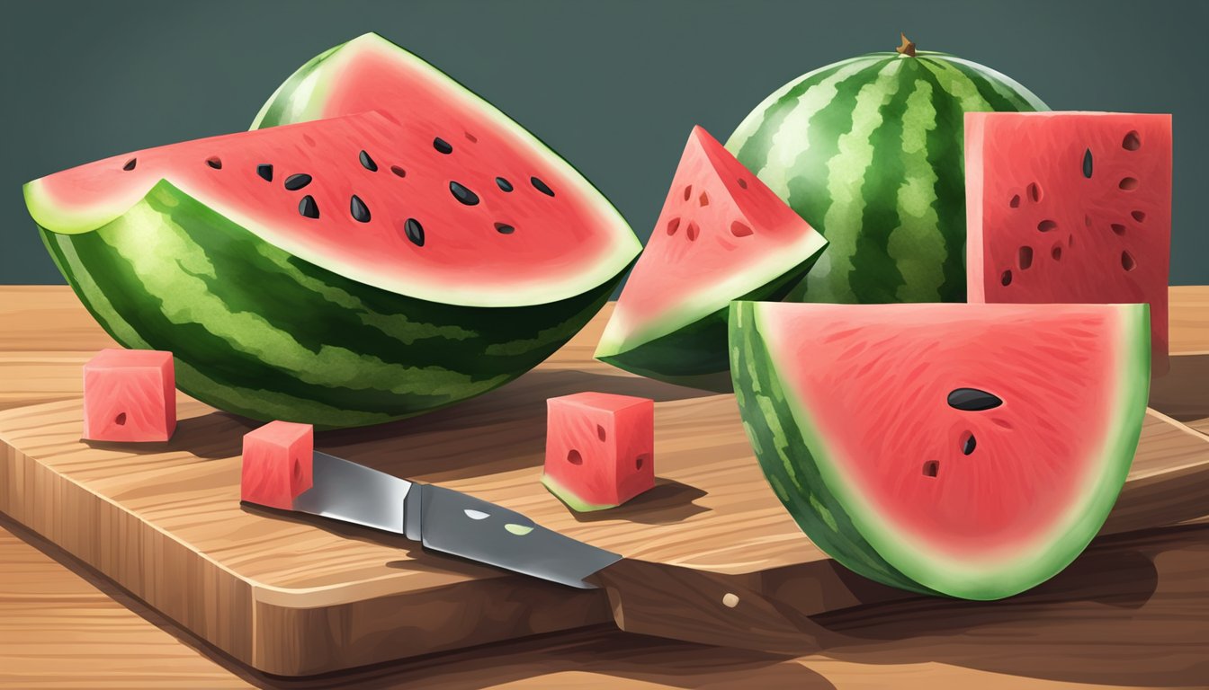 A watermelon being cut into cubes on a wooden cutting board, with a knife and a bowl of freshly cut watermelon cubes nearby