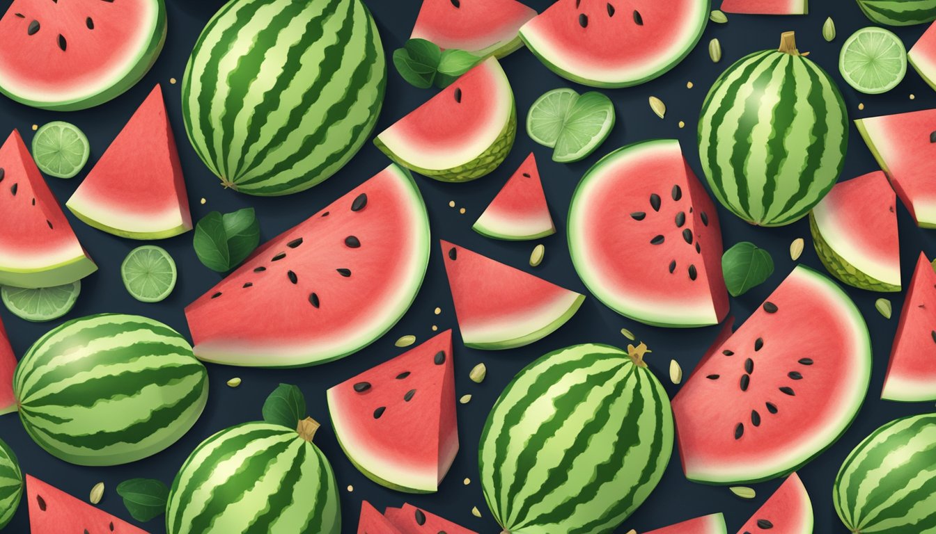 A ripe watermelon on a wooden cutting board, surrounded by scattered seeds. A sharp knife slices through the fruit, creating perfect triangle-shaped pieces