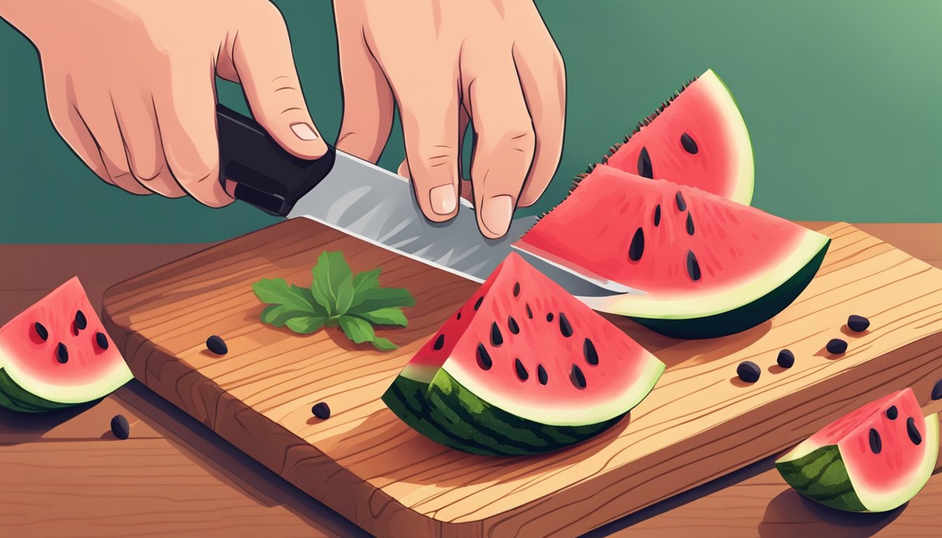 A hand holding a knife slicing a small watermelon into halves on a wooden cutting board. Seeds and juicy red flesh visible