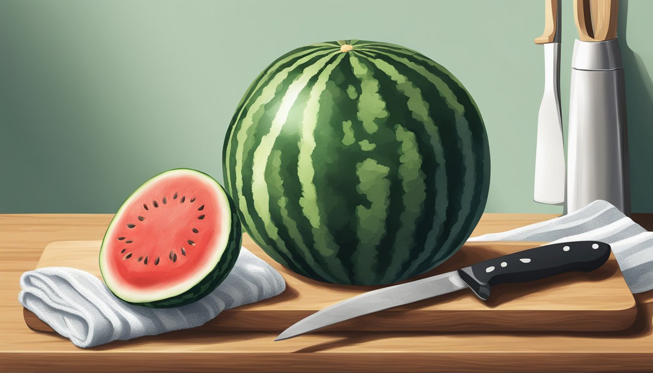 A small watermelon on a cutting board, with a sharp knife beside it and a hand towel nearby