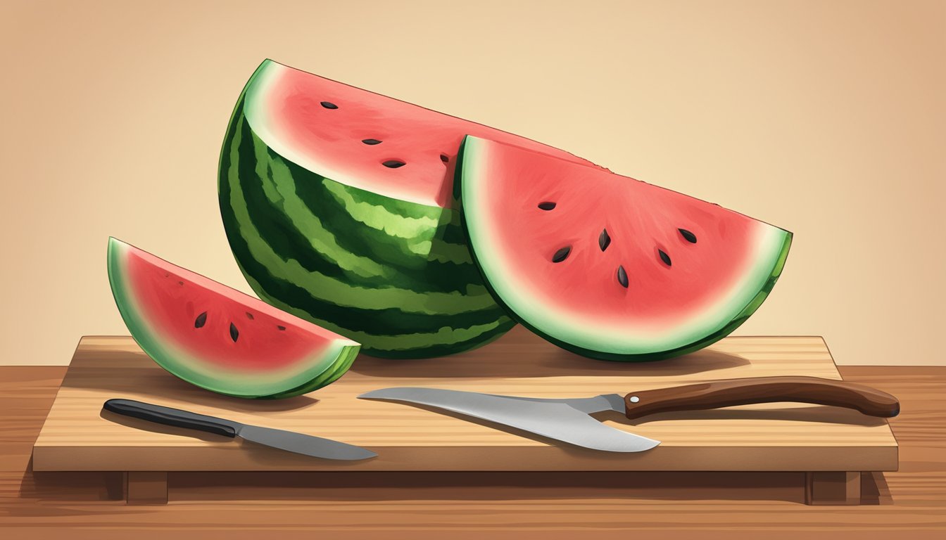 A small watermelon being cut into wedges on a wooden cutting board, with a knife and a bowl nearby