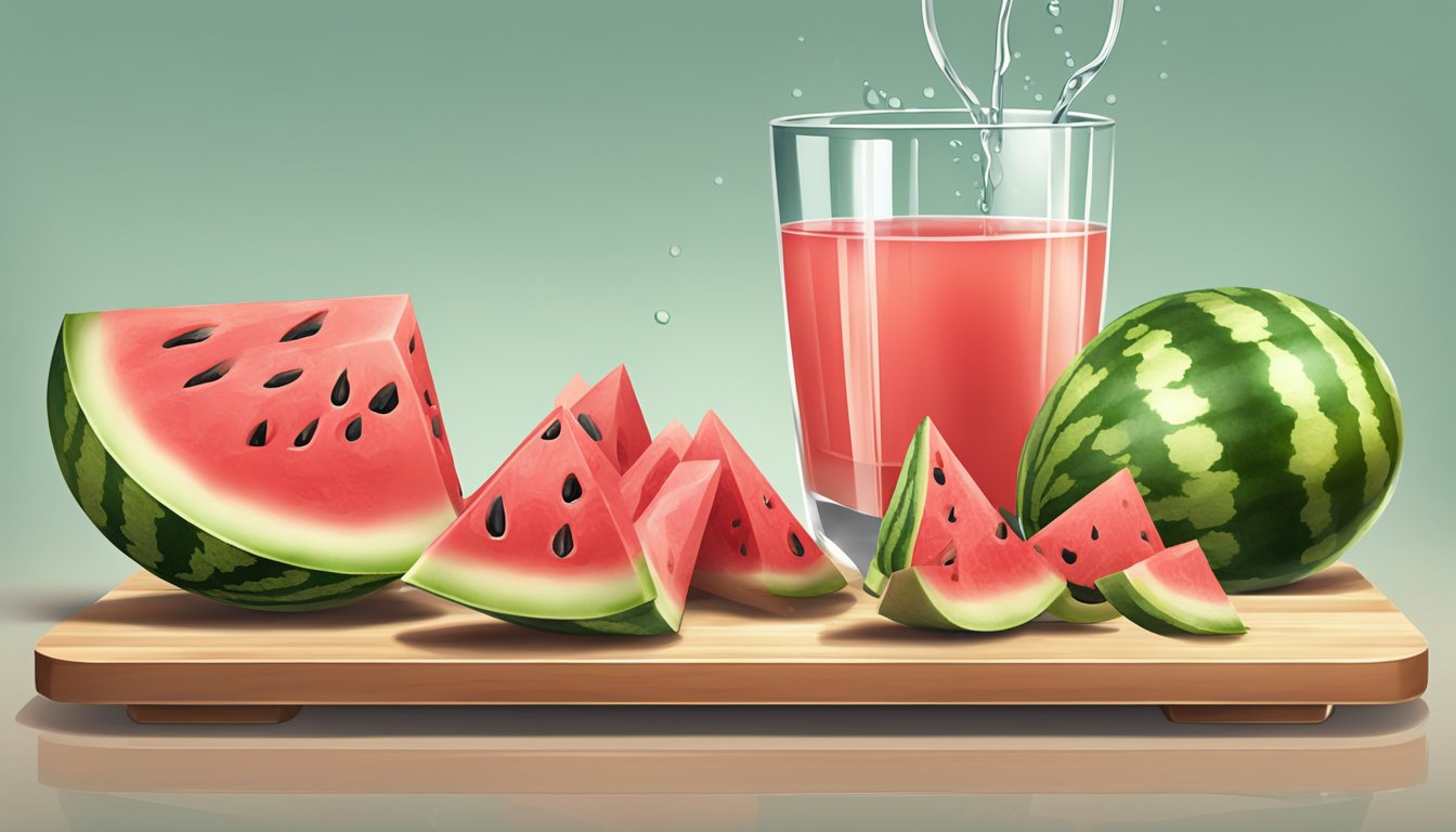 A ripe watermelon being sliced into perfect cubes on a cutting board with juice dripping onto the surface