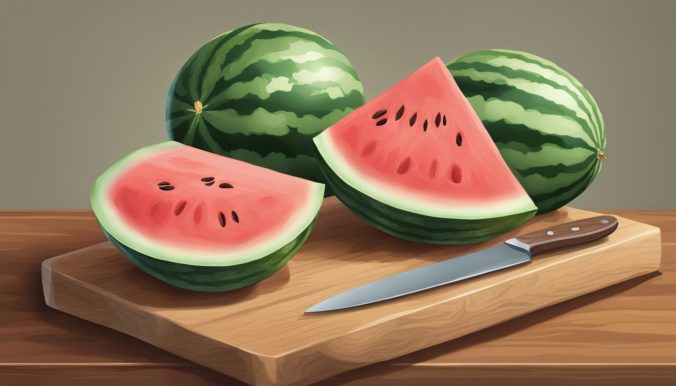 A small watermelon on a cutting board with a knife beside it