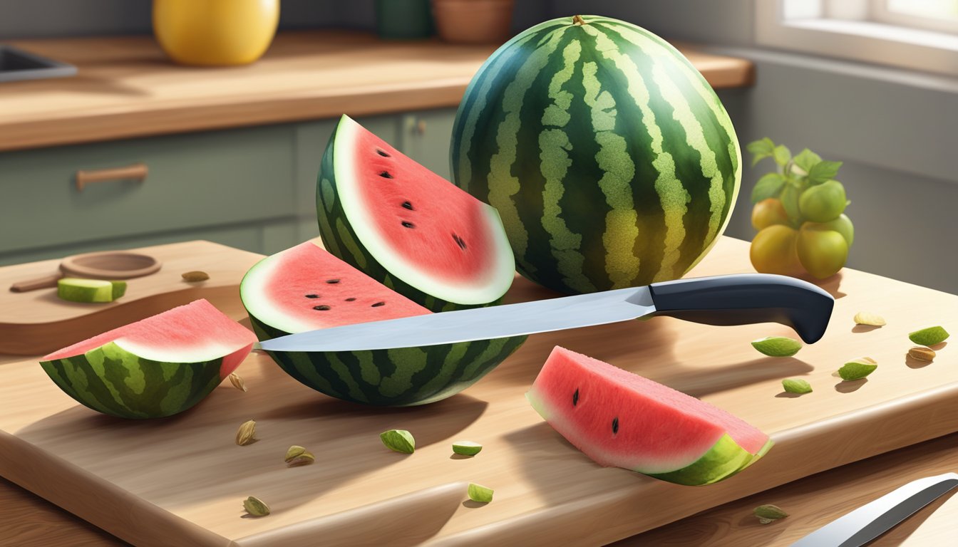 A watermelon being sliced into cubes on a clean cutting board, with the rind and seeds discarded in a nearby compost bin