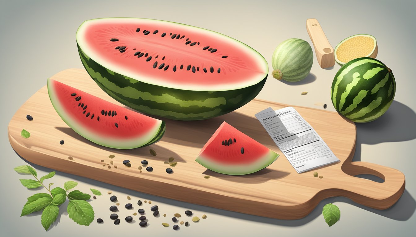 A small watermelon being cut into wedges on a cutting board with seeds and nutritional information displayed nearby