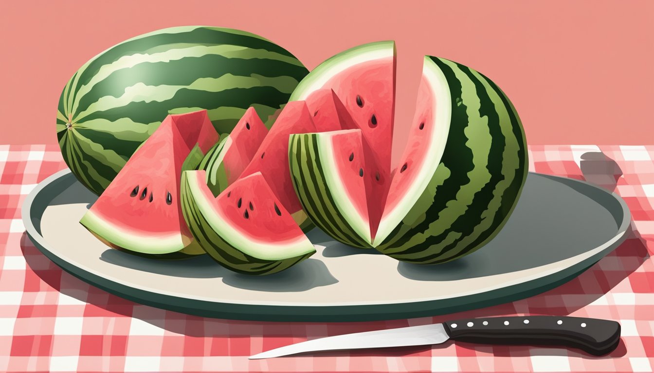 A large watermelon on a clean cutting board, surrounded by a sharp knife, a clean dish towel, and a serving platter