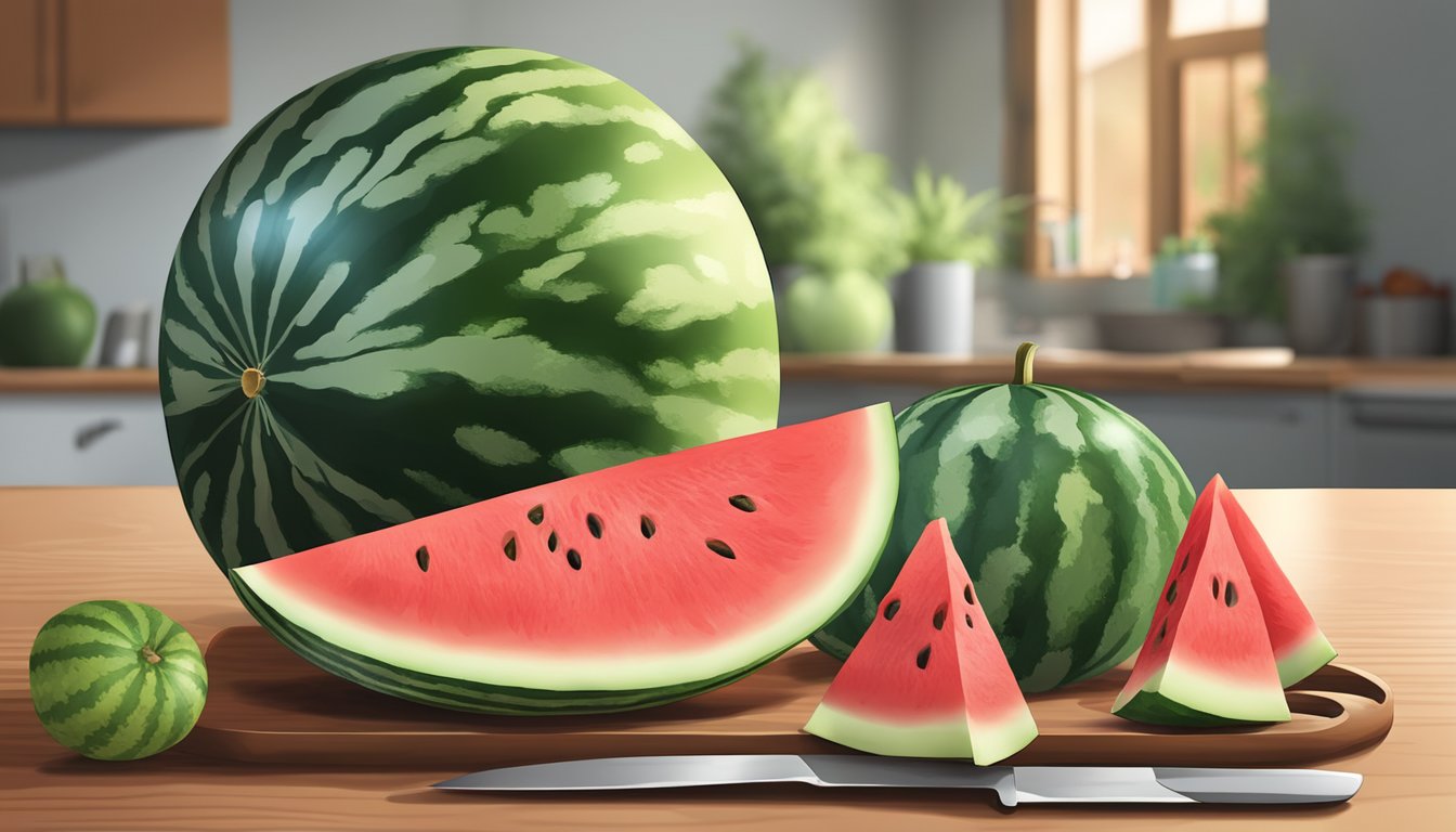 A watermelon sits on a cutting board, a knife slicing through it, revealing juicy red flesh. Pieces of the fruit are neatly arranged on a serving platter