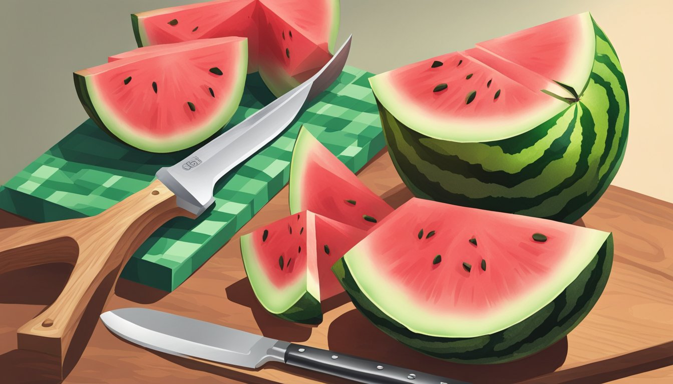 A sharp knife poised above a mini watermelon on a cutting board, with a bowl nearby to collect the juicy slices