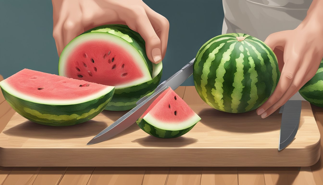 A mini watermelon on a cutting board with a chef's knife slicing through it