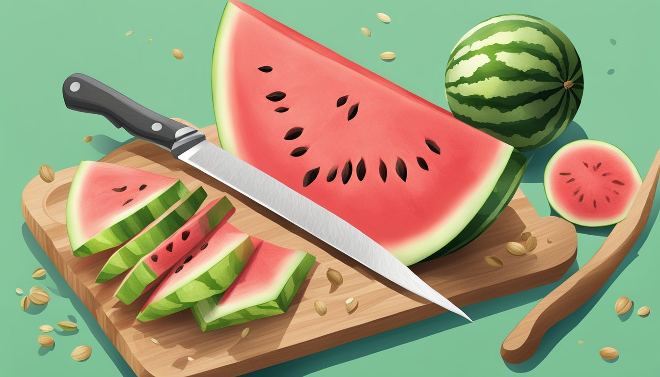 A watermelon on a cutting board with a knife slicing through it. Juice and seeds spill out as the fruit is being cut into pieces