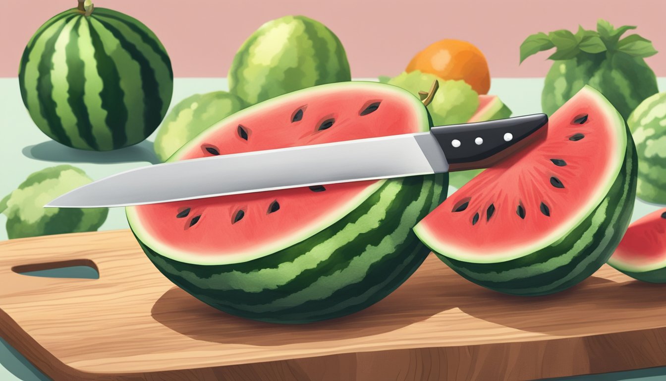 A mini watermelon on a cutting board, with a sharp knife slicing through the fruit to create wedges