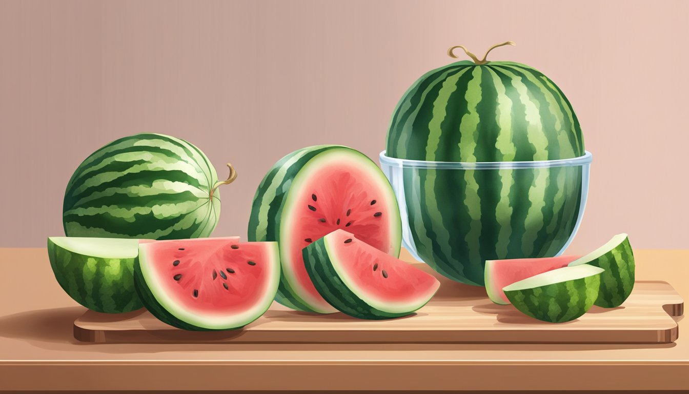 A mini watermelon being cut into slices on a cutting board, with the slices being stored in a clear container in the refrigerator