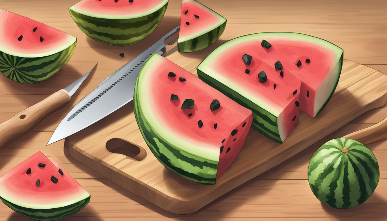 A mini watermelon being sliced into wedges on a wooden cutting board with a knife nearby. A bowl of watermelon cubes and a nutrition label are also visible