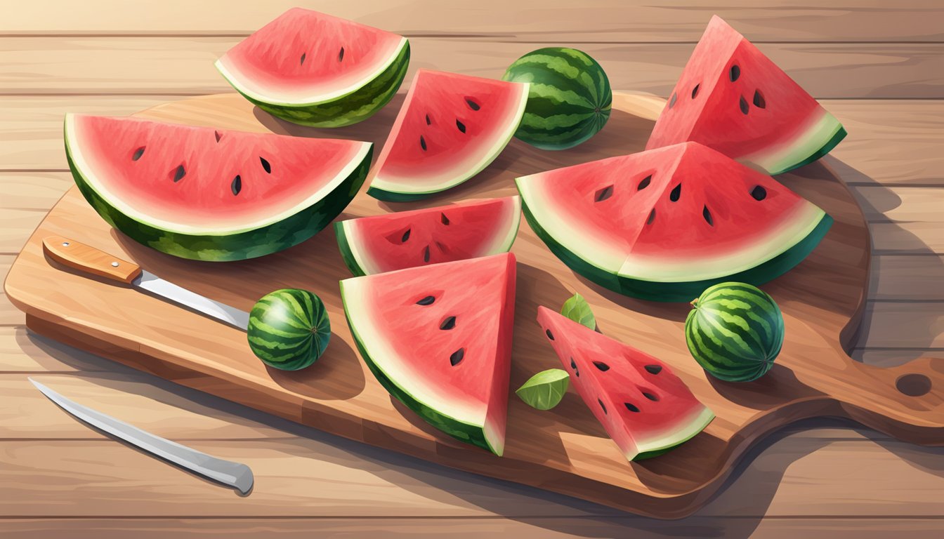 A ripe watermelon being sliced into triangular pieces on a wooden cutting board