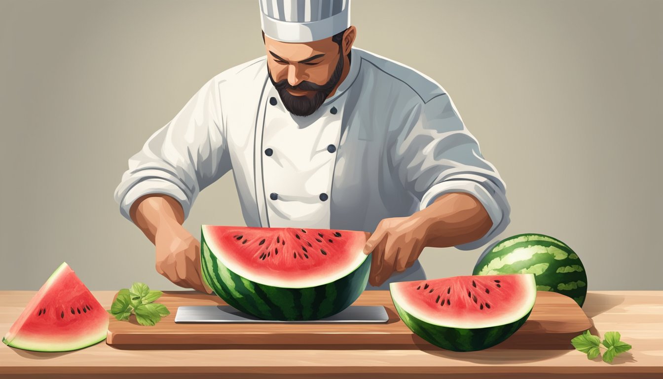 A chef uses a large knife to slice a round watermelon into wedges on a wooden cutting board