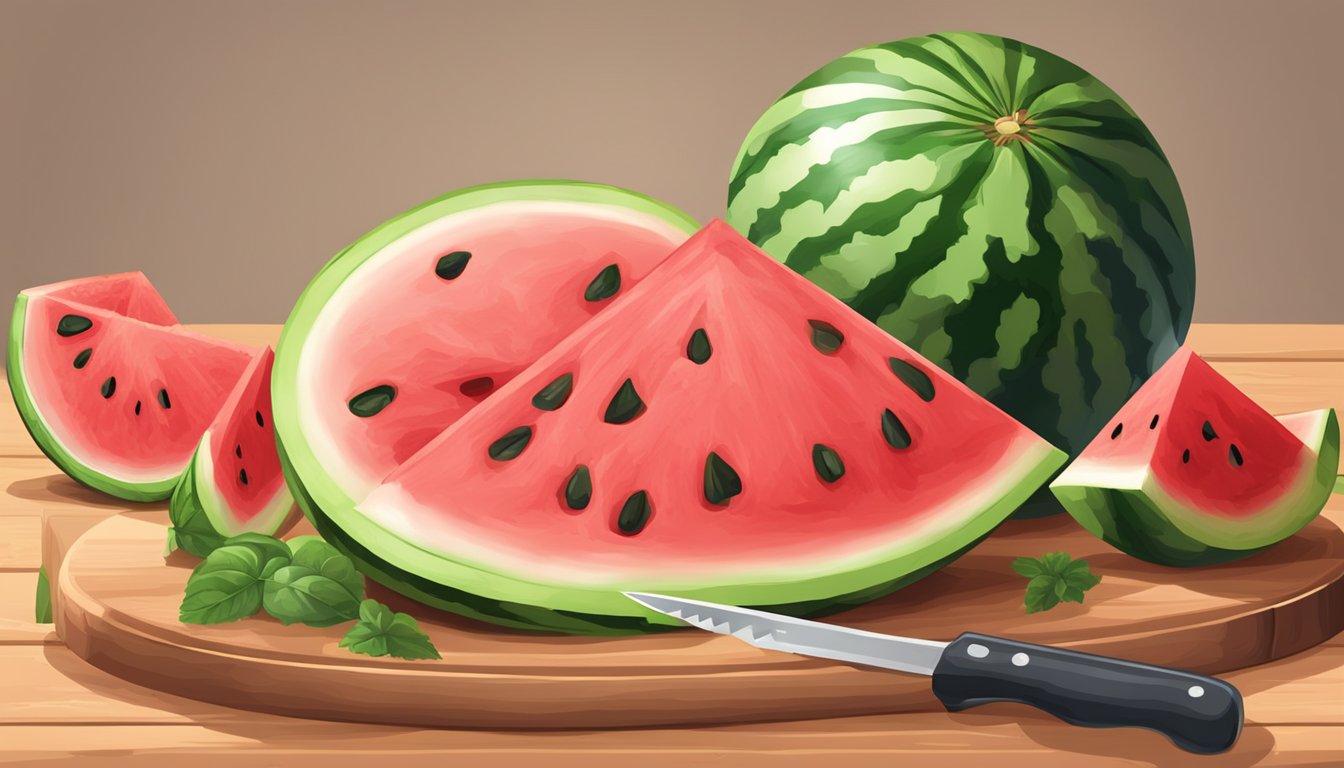 A watermelon being cut into cubes with a sharp knife on a wooden cutting board, with the juice dripping onto the surface