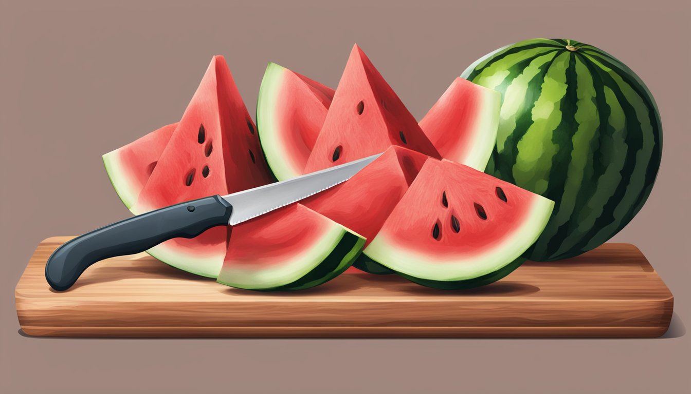 A watermelon sits on a cutting board, a knife slicing through its rind. Juicy red flesh is revealed as the fruit is cut into wedges