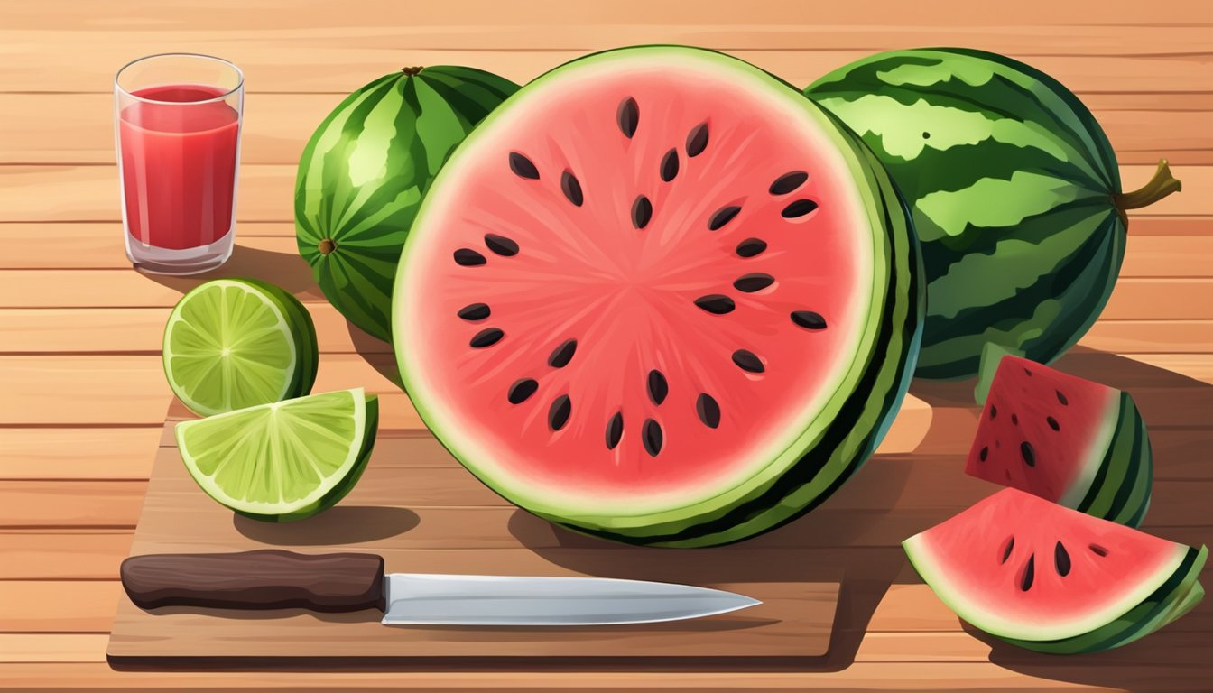 A ripe watermelon sits on a wooden cutting board. A knife slices through the fruit, creating triangular slices. Juice drips from the red flesh onto the board