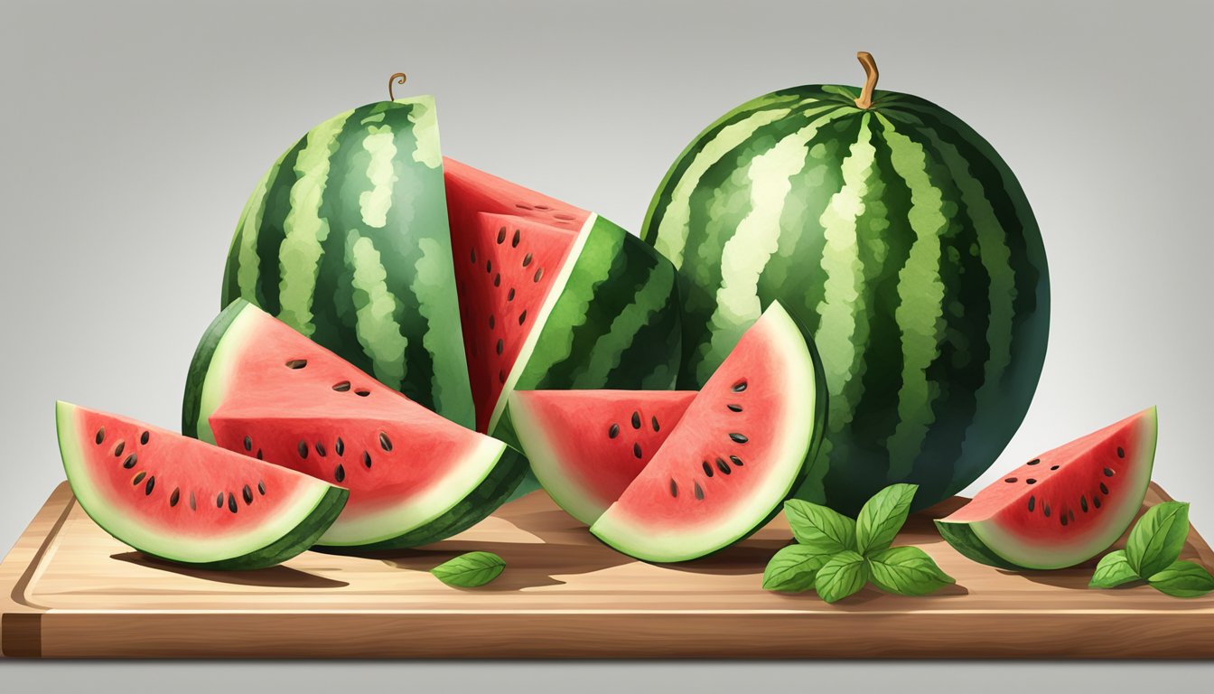 A watermelon being cut into wedges on a wooden cutting board